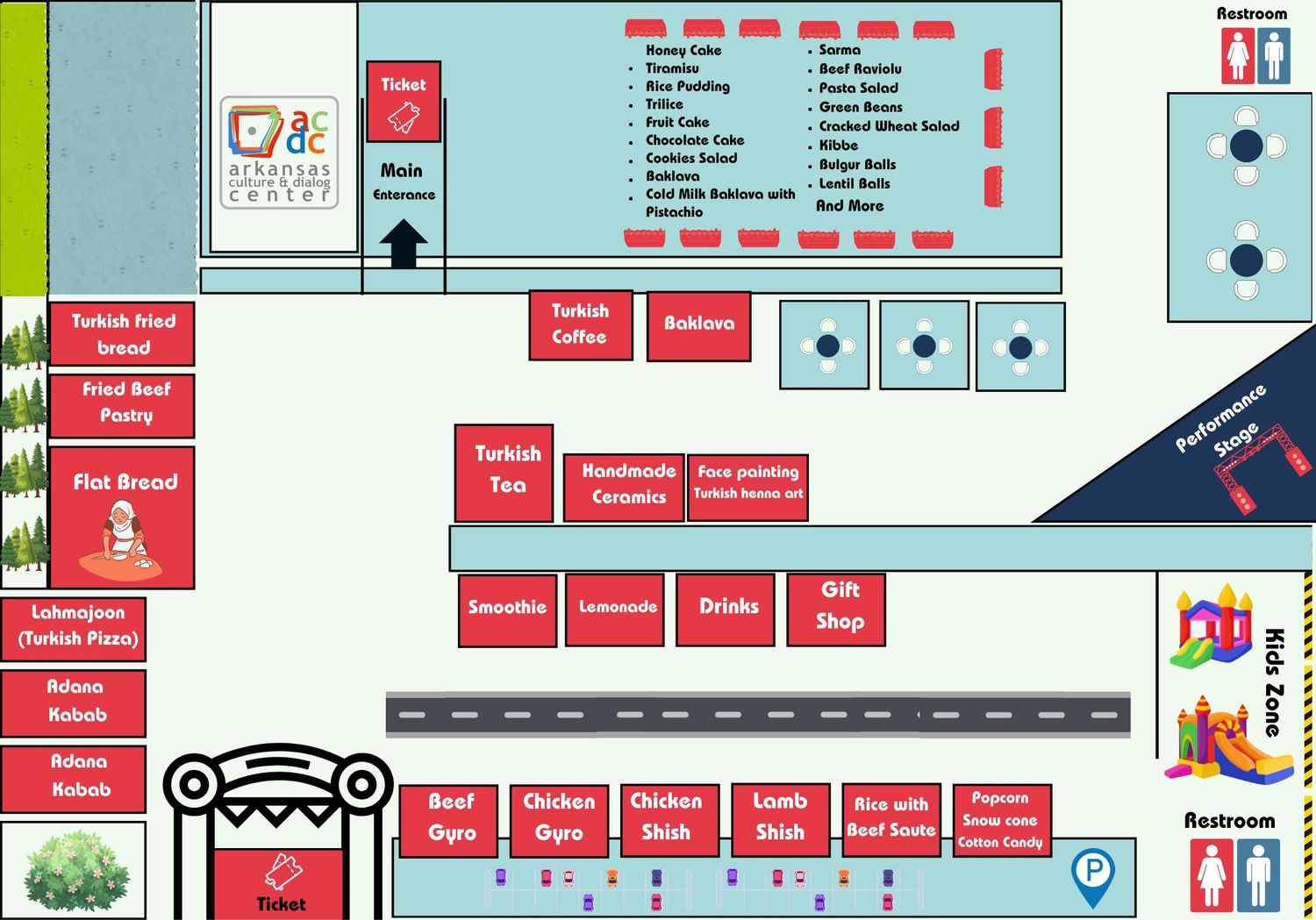 Festival grounds map showing food booths, restrooms, kids zone, parking, and performance stage